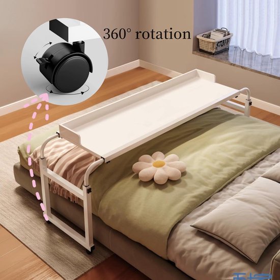 Bedtafel met Wielen - Overbed Tafel - Eten en Werken - Verstelbare Hoogte Breedte - 119x65cm - Zwart — afbeelding 4