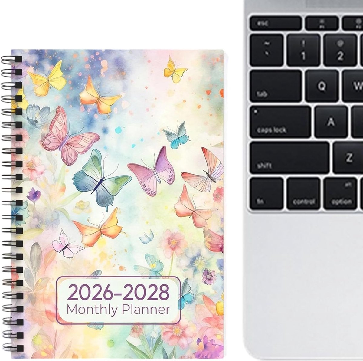 Maandplanner Notitieboek - 3 Jaar Agenda - Langetermijn Planning - Elegant Bloemenontwerp - A5 Formaat - Aquarel Vlinder