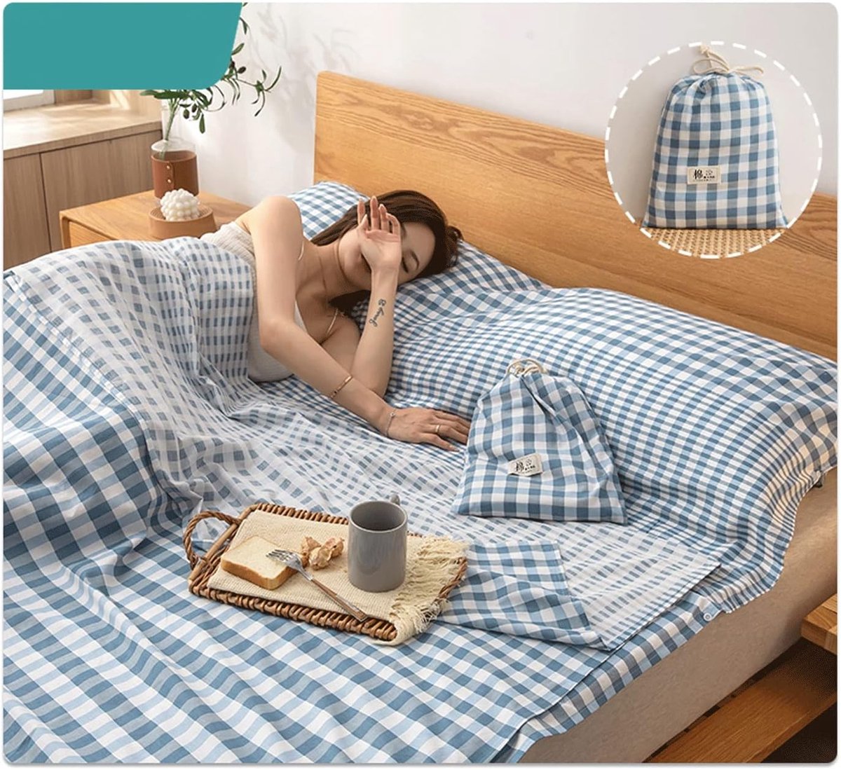 Lakenzak Katoen - Reislaken Slaapzak - Reizen Kamperen - Lichtgewicht Ademend - 180x210cm - Blauw