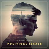 Boekomslag "Political Ideals" van Bertrand Russell, met dubbele belichting van een man en stadsgezichten.