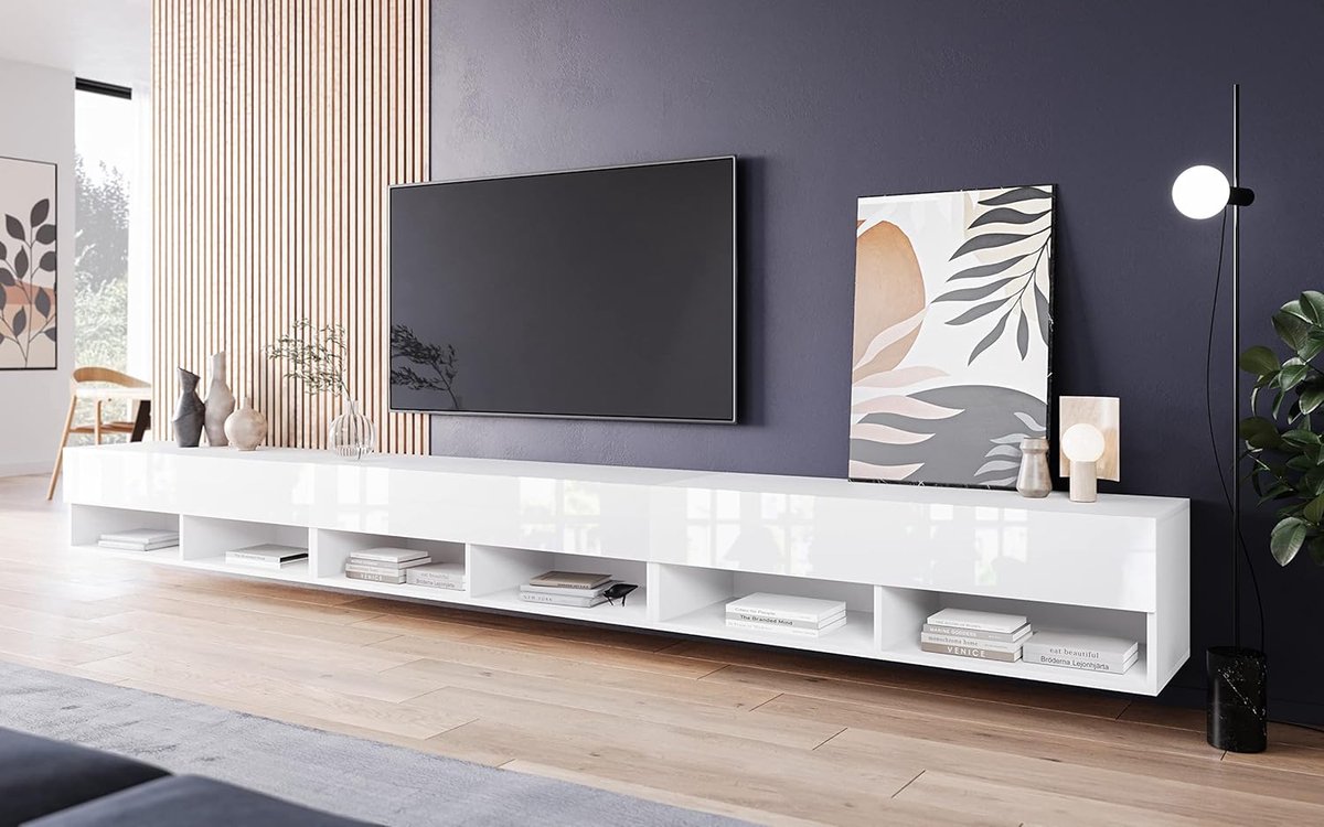 Tv-meubel - Lowboard kast - Woonkamer inrichten - Inclusief ledverlichting - 300 cm breed - Wit glanzend