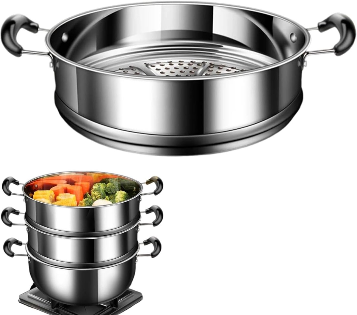 Roestvrijstalen Stoompan Stoominzet Mand Gezond Koken Voedingsstoffen Behoud 25x21x9 cm Zilver Zwart
