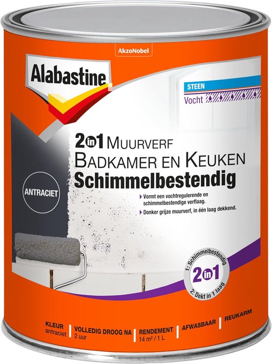 Muurverf Badkamer Keuken - Schimmelwerende Verf - Vochtige Ruimtes - In 1 Laag Dekkend - 1 Liter 14m2 - Grijs — afbeelding 3