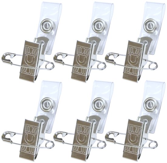Zes zilverkleurige badge clips met veiligheidsspeld en plastic clip.