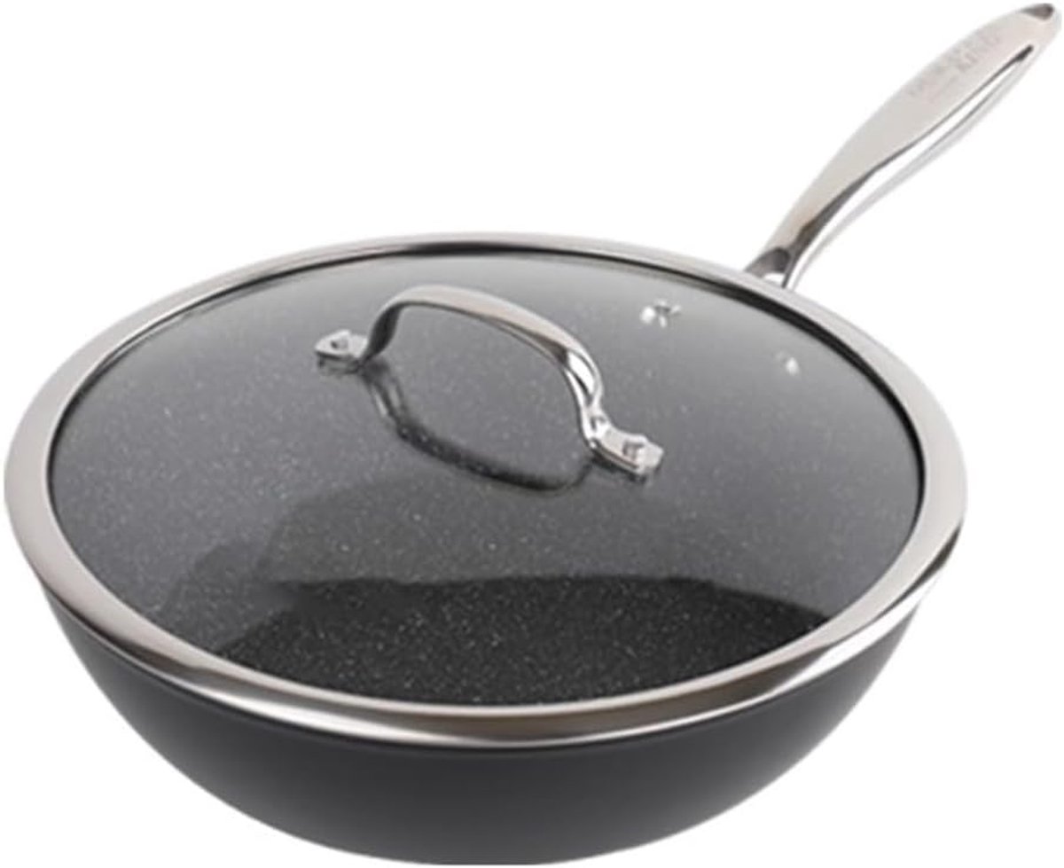 Wokpan Koolstofstaal - Roerbakpan Antiaanbak - Inductie Koken - Vlakke Bodem - 28cm Diameter