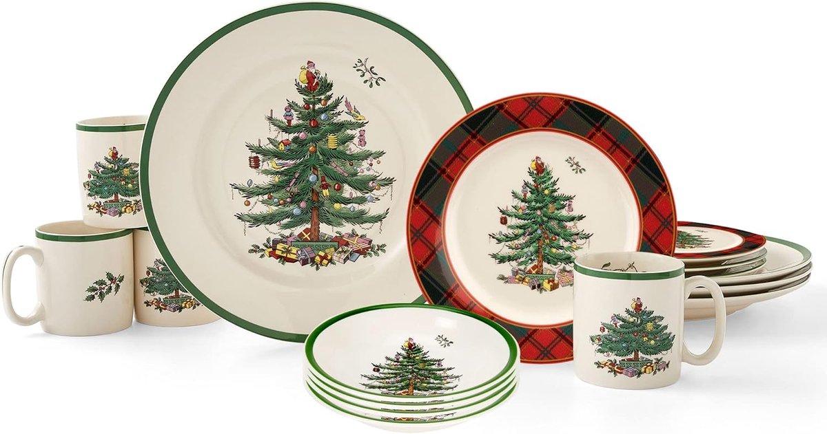 Serviesset Kerstboom - Feestelijk servies - Dineren met Kerst - Magnetron vaatwasmachinebestendig - 16 delig - Meerkleurig