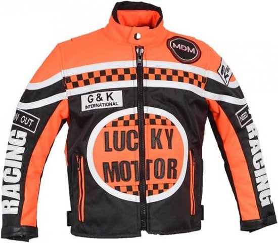 Oranje, zwart en witte kinder racejas met "LUCKY MOTOR" logo op voorpand.