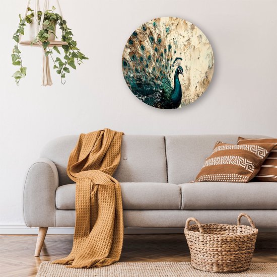Kleurrijke pauw in abstract ontwerp - Pauw wanddecoratie rond - Rond wandpaneel pauwenveren - Abstracte kunst - Forex - Scandinavische muurdecoratie - Muurcirkel forex 40x40 cm