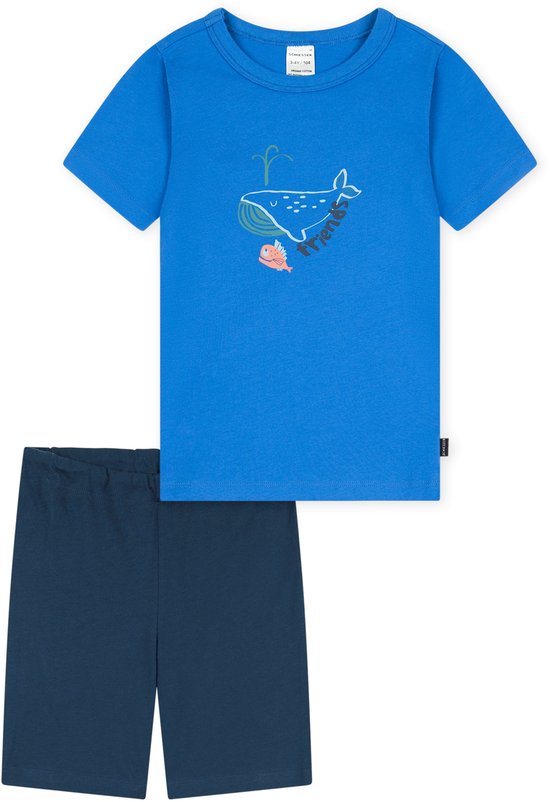 Pigiama lungo in cotone biologico di colore blu a righe con polsini e scritta B