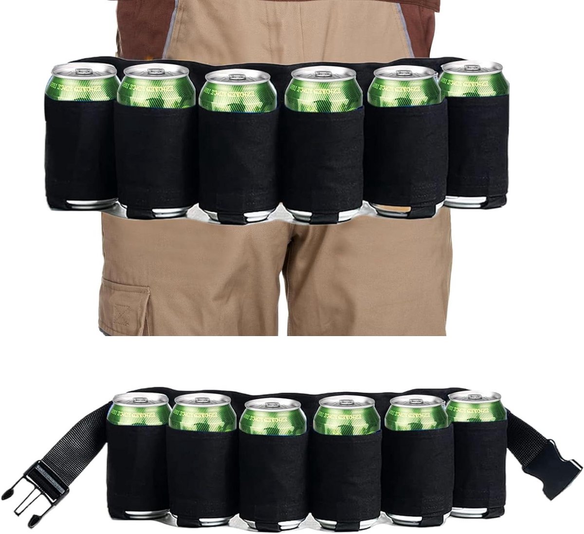 Allecto Plus - Draagbare Bierriem voor 6 Blikjes - Verstelbare Sluiting - Lichtgewicht Oxford Doek - Scheur- en Slijtvast - Ideaal voor Festivals, BBQ's en Buitenevenementen (Zwart)