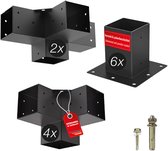 Zwarte 4-weg connector, 3-weg hoekconnector en grondanker van metaal. "Designed in Germany".