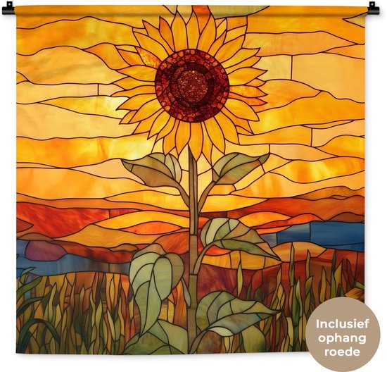 Wandkleed 90x90 cm - Wanddoek Zonnebloem - Mozaïek - Zonsondergang - Geel - Wandtapijt - Wandkleden