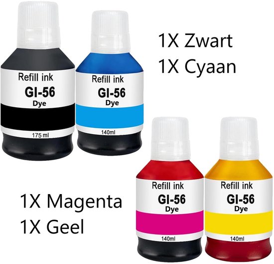 Cartouches D'encre Compatibles GI56 – Multipack 4 Bouteilles 135 Ml – Pour Canon Maxify