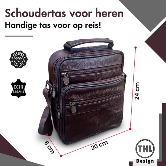 Sac bandoulière en cuir marron foncé pour hommes avec plusieurs poches zippées. Dimensions : 24 cm de haut, 20 cm de large, 8 cm de profondeur.