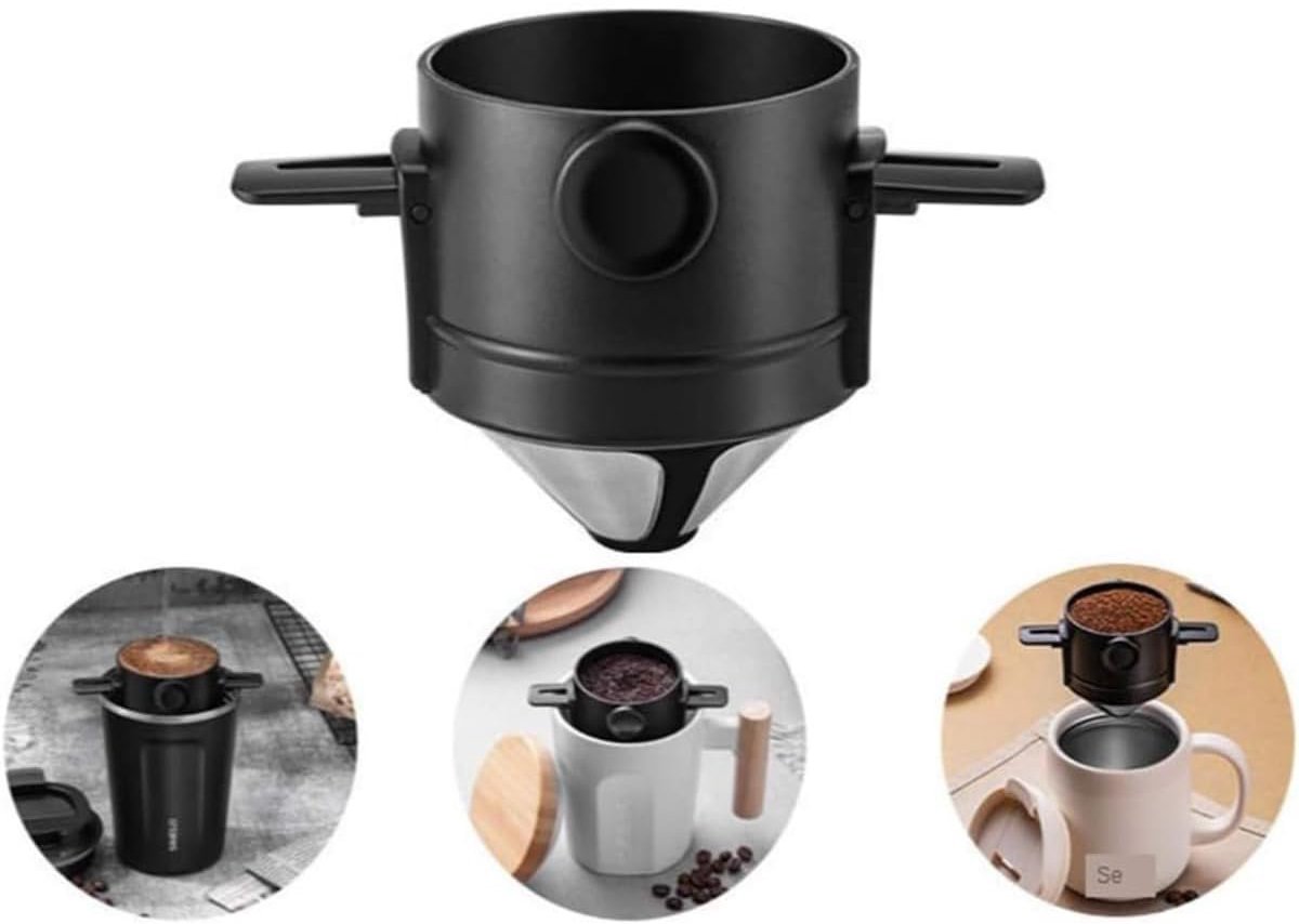 Koffiefilter - Koffiefilterhouder - Rvs Koffiefilter - Herbruikbaar - Koffie Dripper - Koffekan Drip Gieter - Handmatig Filterkoffie koffiezetapparaat - Geschikt Voor Thuiskantoor, Reizen, Kamperen - Zwart - 1 Stuk
