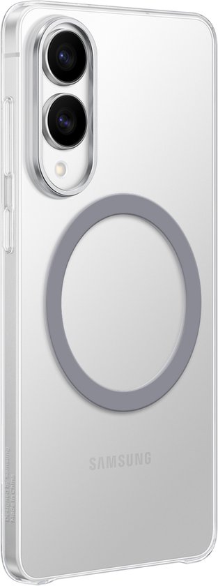 Coque Samsung transparente avec anneau magnétique et logo. 'Designed by Samsung Made in China' est visible.