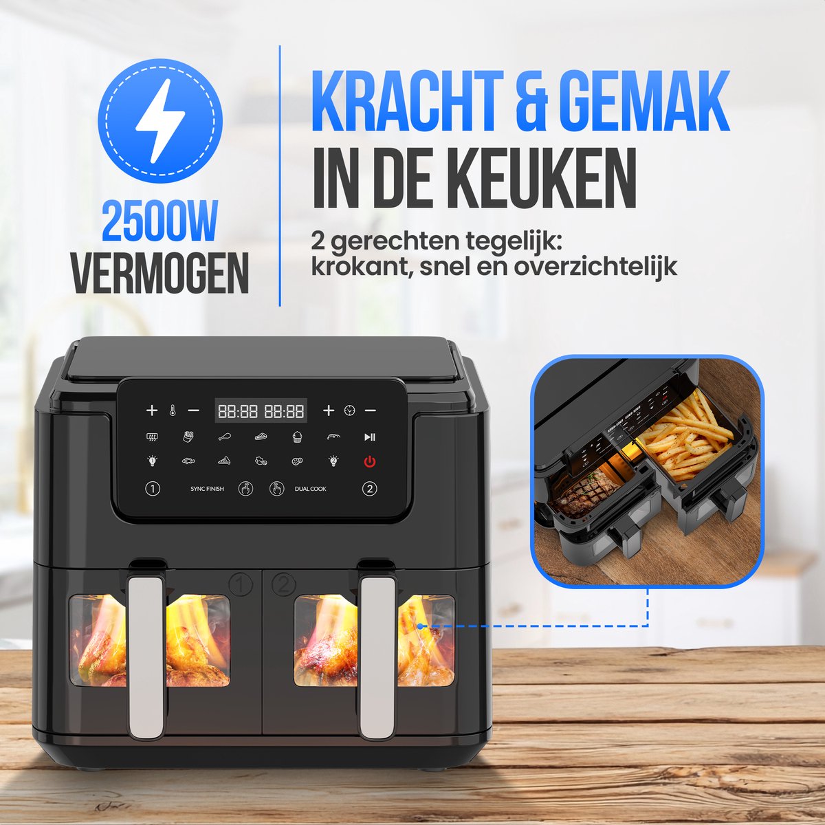 Strex Airfryer XXL - 10L - 2500W - Heteluchtfriteuse - Dubbele Airfryer - 50ºC tot 200ºC - 10 Kookprogramma's - Zwart — afbeelding 5
