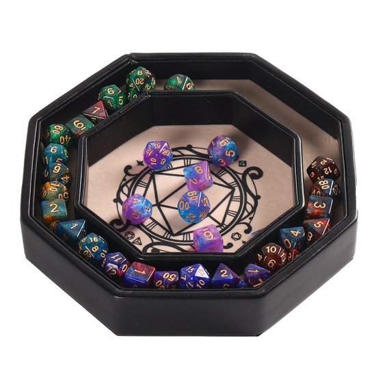 Lapi Toys - Kit essentiel Donjons et dragons - Plateau polydice D&D - Plateau à dés Dnd - Plateau à dés avec couvercle - Piste à dés - Plateau roulant - Plateau à graines - Comprenant 5 jeux de dés