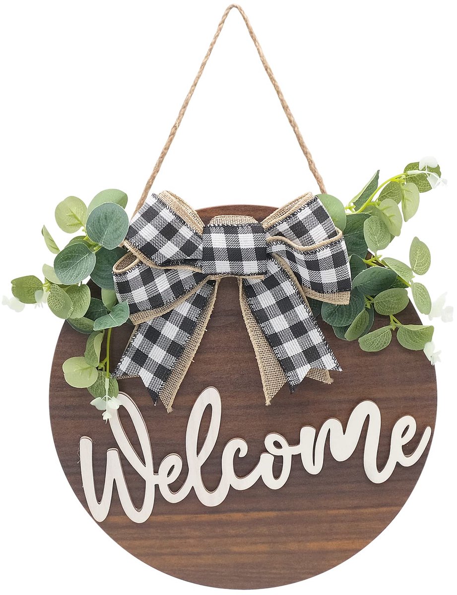 Ibenzoa® Decoratief Welkomstbord voor Deur met Rustieke Houten Krans en Geruite Strik