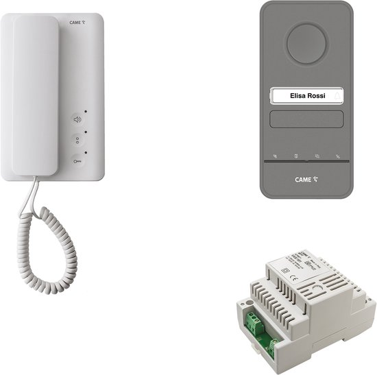 CAME audio-intercomkit: witte handset, grijze buitenpost met naamplaatje 'Elisa Rossi', en witte voedingseenheid.