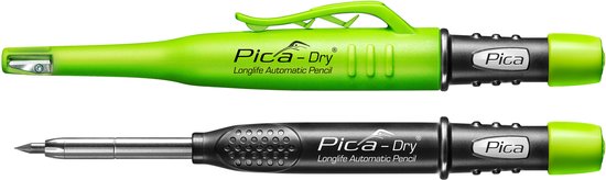 Groene Pica-Dry automatische potloden met clips en puntenslijpers. Eén is geopend en toont de punt.