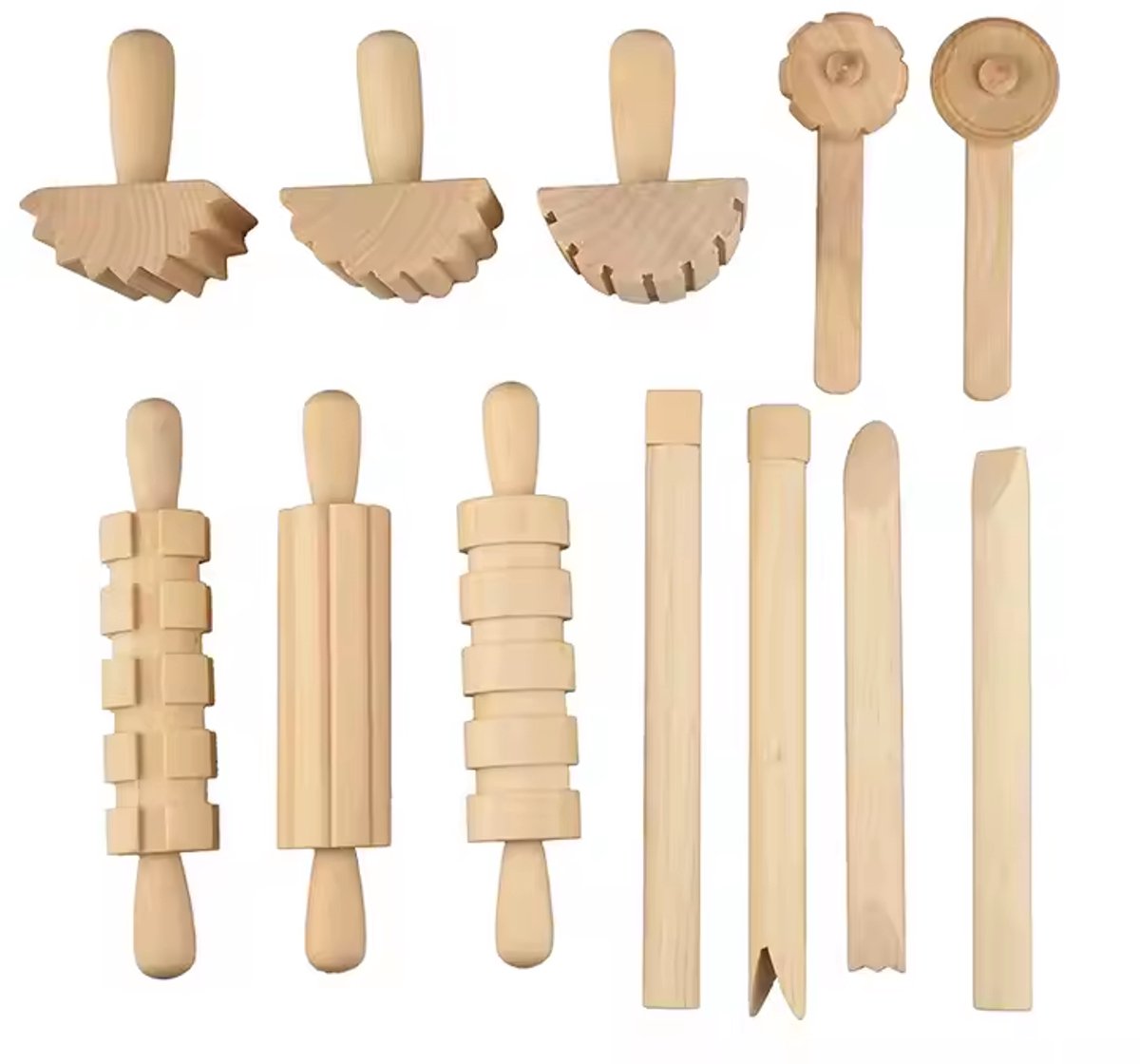 Houten klei tools - Duurzaam kinderspeelgoed - 12 stuks - Gereedschapset - Sensory play - Leuk voor klei of magisch zand - Vanaf 1 jaar - Play doh - Kinetisch zand - Klei speelgoed