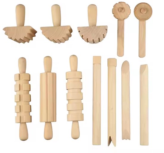 Houten klei tools - Duurzaam kinderspeelgoed - 12 stuks - Gereedschapset - Sensory play - Leuk voor klei of magisch zand - Vanaf 1 jaar - Play doh - Kinetisch zand - Klei speelgoed