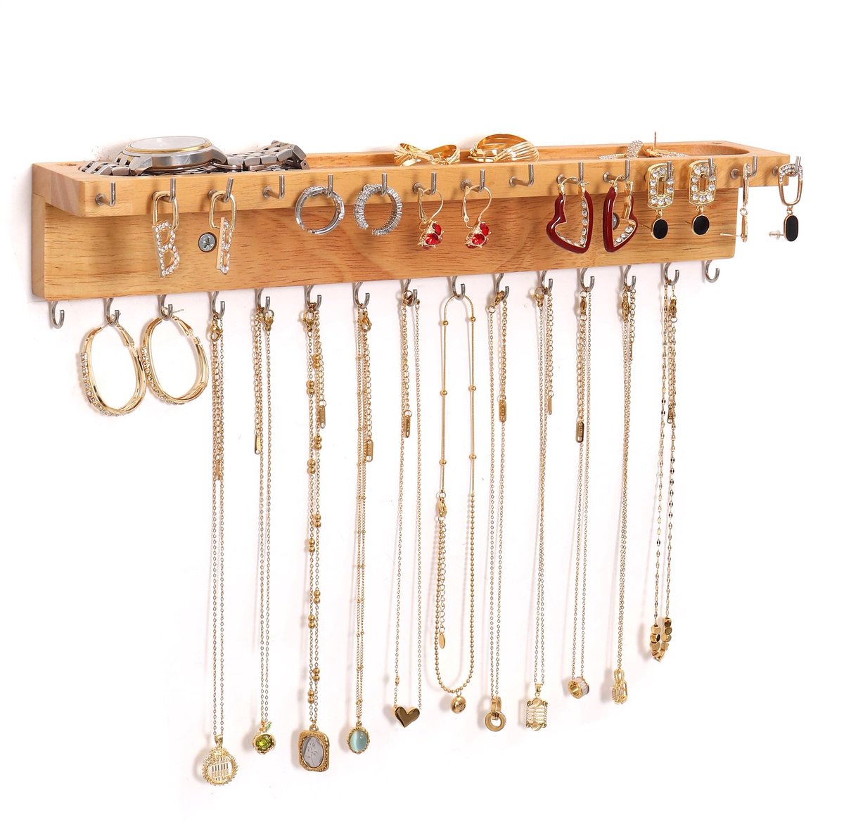 Ibenzoa® Stijlvolle Wandorganizer voor Sieraden met 30 Haken van Natuurlijk Hout