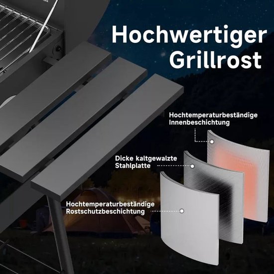 BORVAT® - Houtskool BBQ - Smoker Barbecue - met Thermometer, - Zijpanelen - Zwart van Borvat — afbeelding 5