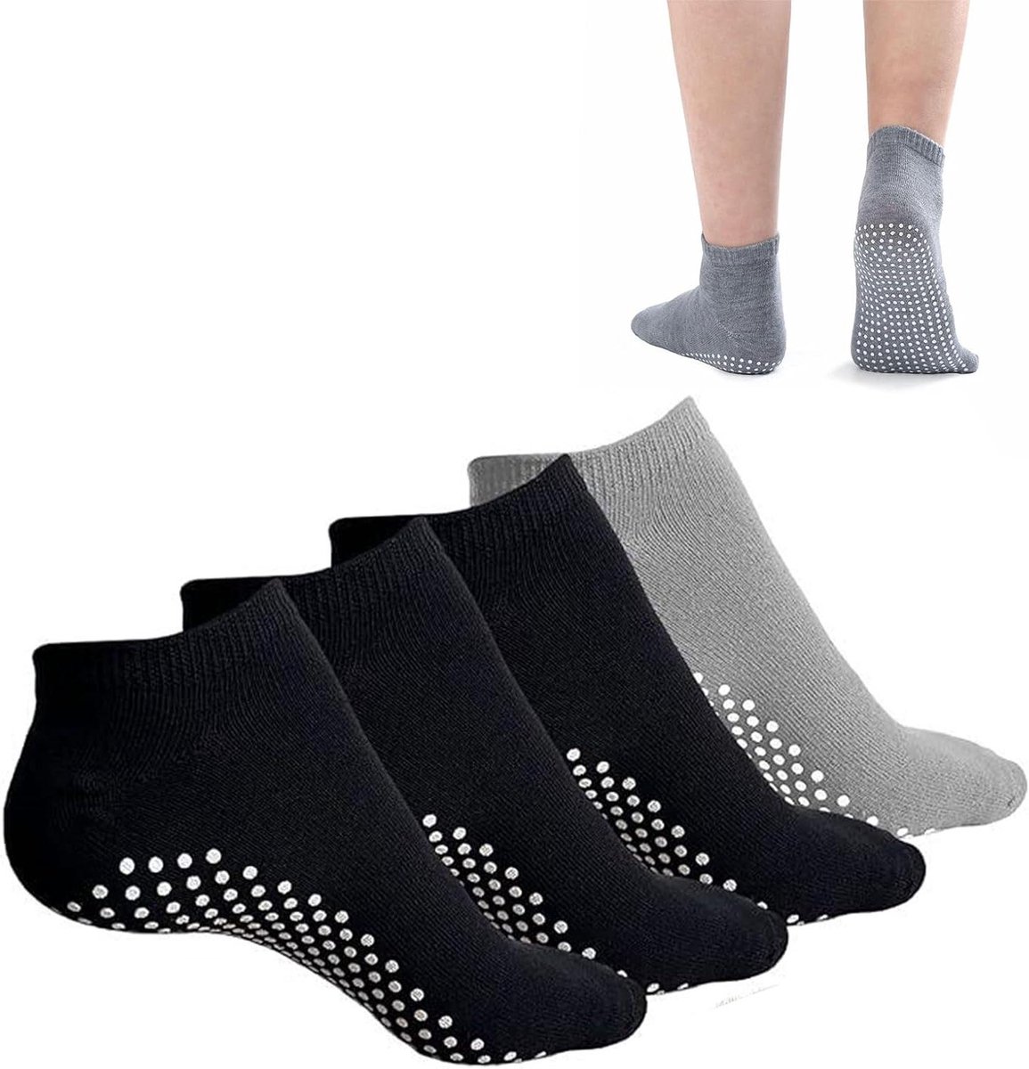 Allecto Plus - Yoga sokken voor dames en heren | Antislip sokken voor pilates, yoga en meer | 4 paar | Zwart en grijs | One size | Fitness en revalidatie.