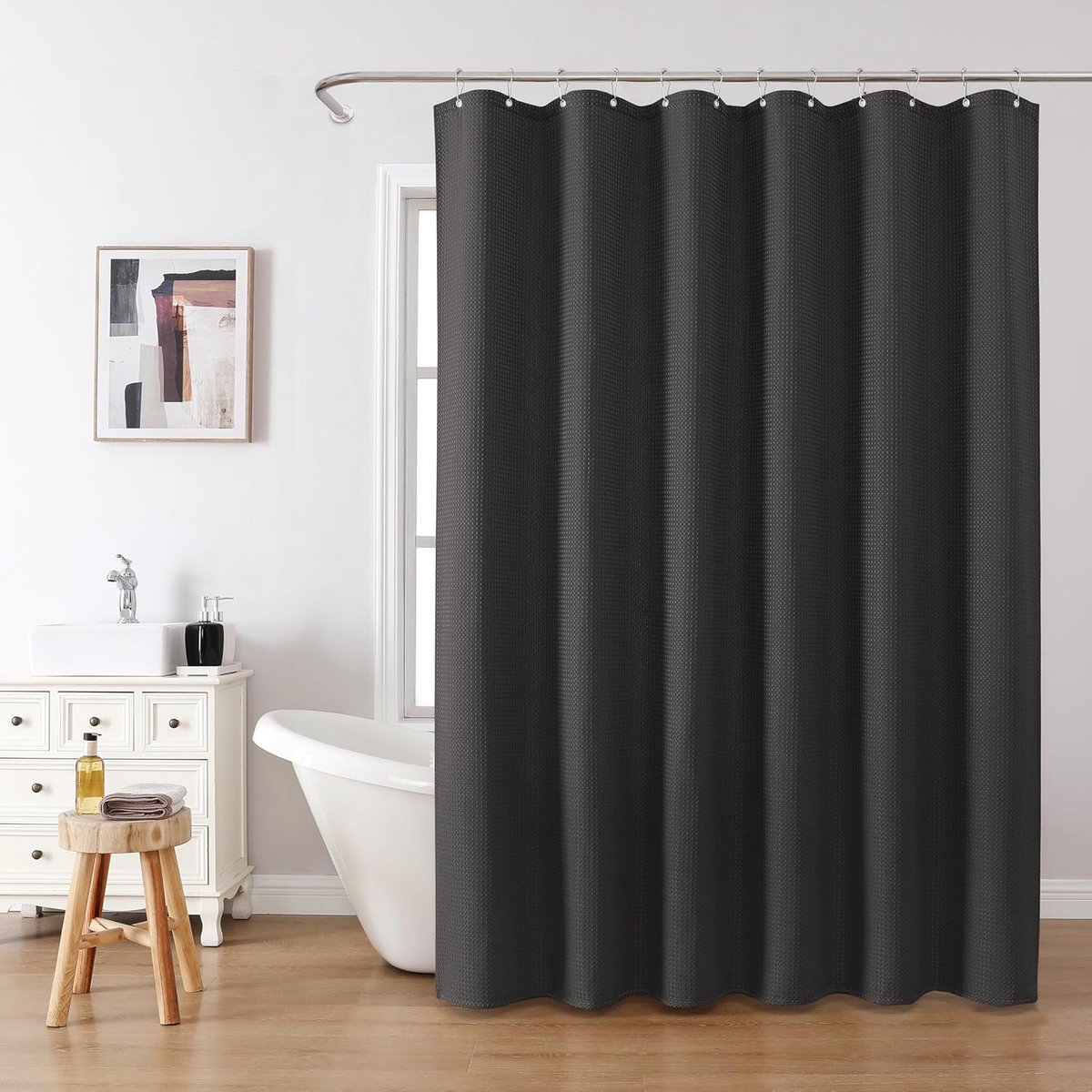 Wafelzijden douchegordijn - 182 x 214 cm | Zwart | Met metalen ringen | Textiel douchegordijn | Schimmelbestendig | Waterdicht | Zwaar werkend | Douchegordijn Set | Elegant en duurzaam | Gemakkelijk te monteren