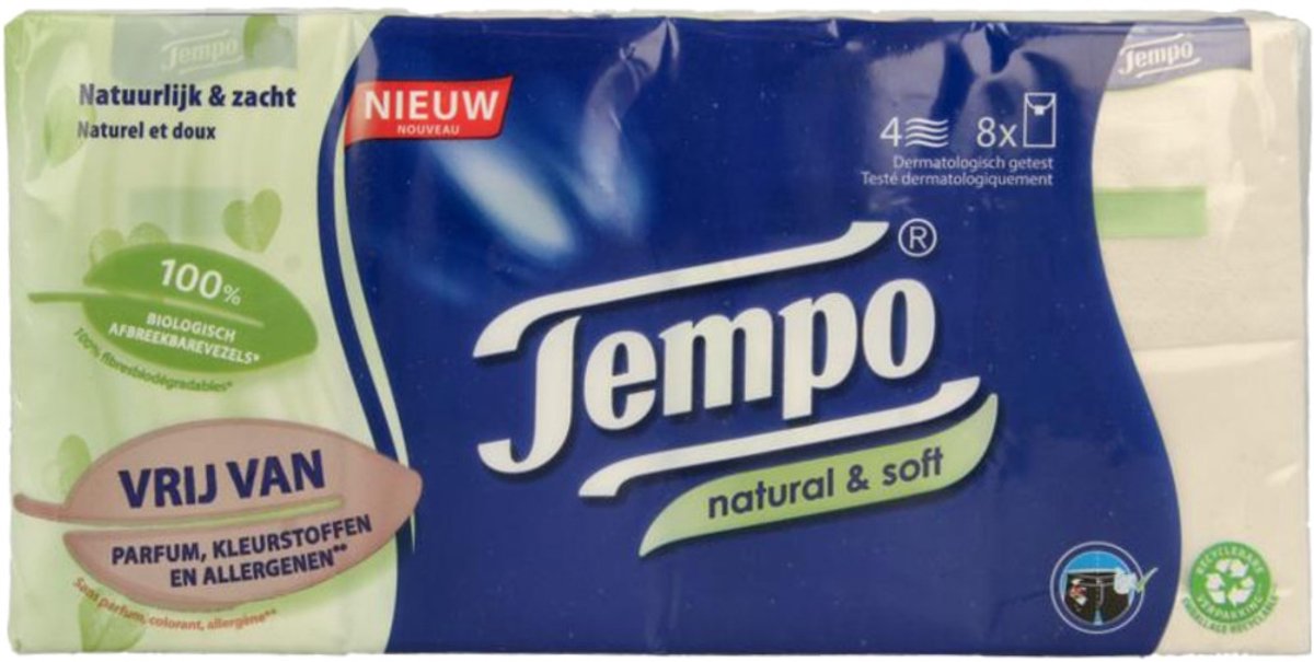 Tempo Natural & soft zakdoekjes 8 x 9 stuks 8 Stuks