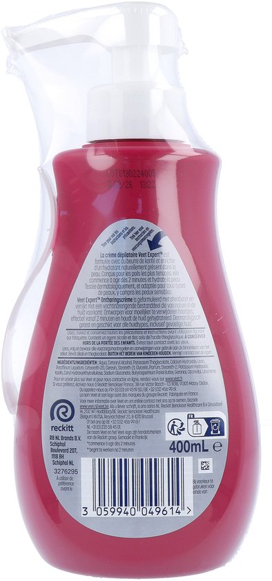 Roze Veet Expert sprayfles met decolleté-hals, met tekst in het Nederlands en Engels. 400ml.