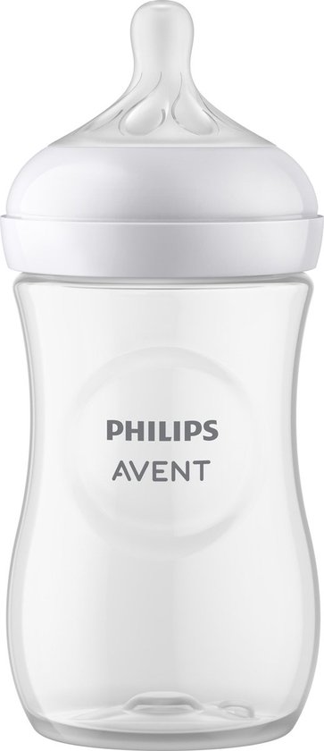 Een Philips Avent babyfles met witte speen, gevuld met melk.