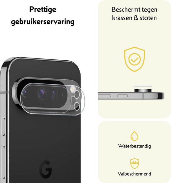 Transparante cameralensbeschermer op zwarte Google Pixel 10 Pro. Beschermt tegen krassen en stoten, waterbestendig en valbeschermend.