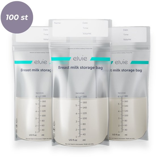 Sachets de conservation anti-fuites pour lait maternel Elvie | Pochettes d'allaitement | 100 pcs | Sans BPA | Pré-stérilisé | Robuste, fermeture à double zip