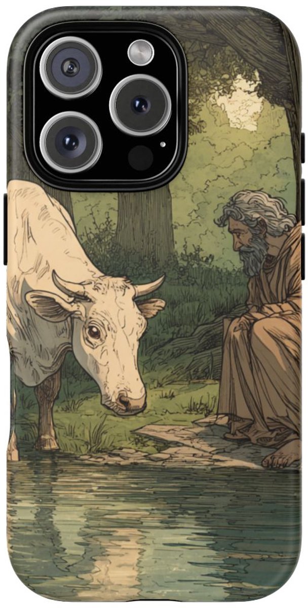 Witte Koe en Bebaarde Man aan Rivieroever – Telefoonhoesje Geschikt voor iPhone 16 Pro