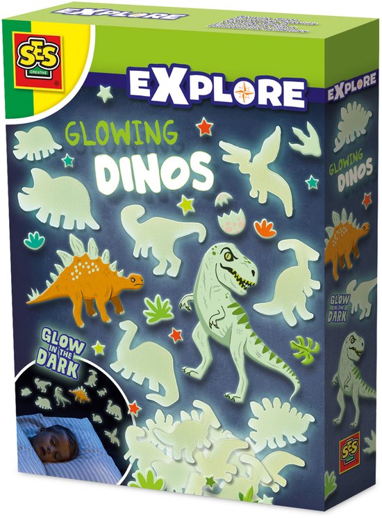 SES Creative - Explore - Glowing dino's - Glow in the dark - 24 dino's om te plakken - Met foam plakkers - Voor een mooi versierde slaapkamer – Dinosaurus