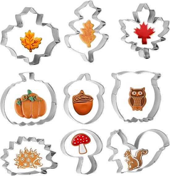 Foto: Wednok 9 stuks herfst koekjesvormpjes thanksgiving koekjesvormpje bladeren koekjesvormpje rvs diy koekjesvormpje met esdoornblad eikenblad eekhoorn eikel egel pompoen voor koekjes fondant bakken