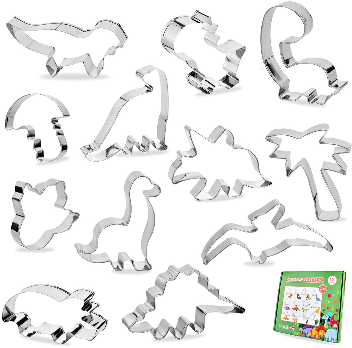 Dino koekjesvormset – 12 stuks koekjesvormpjes, roestvrijstalen set voor Dino-feestdecoratie, koekjesvormpjes voor verjaardagsfeestjes en doe-het-zelf fondant, leuk bakken