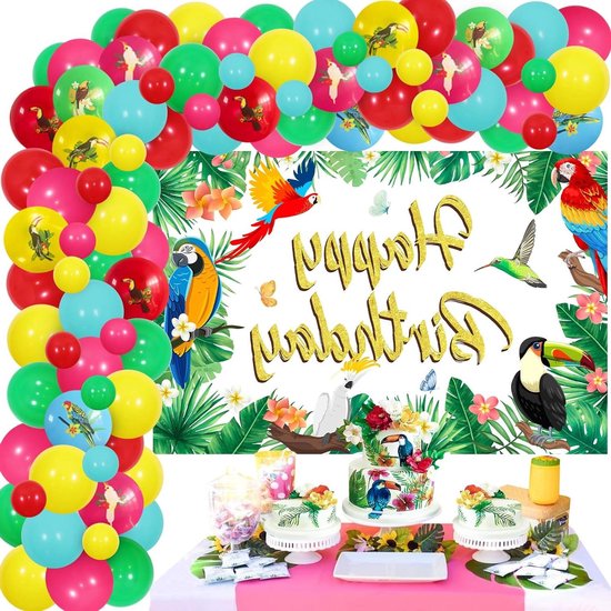 Allecto plus - Tropische vogels verjaardagsfeestje decoraties kit met tropische vogels gelukkige verjaardag achtergrond banner en ballon slingers boog - papegaai thema decoratie