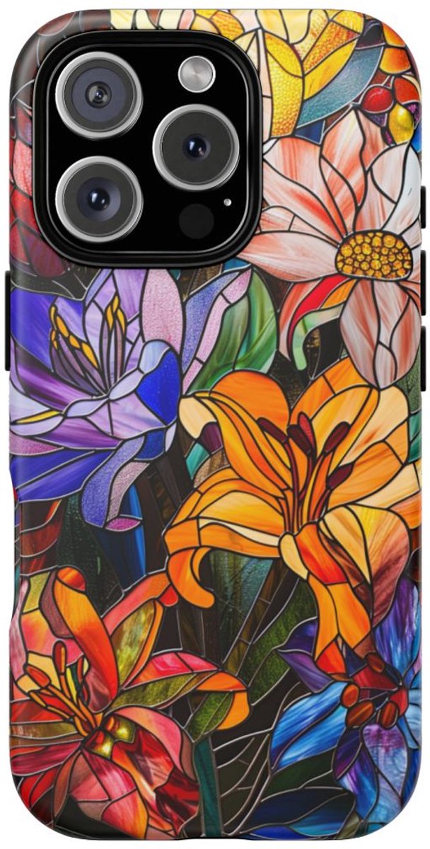Levendig Gebloemd Glas-in-Lood Ontwerp – Telefoonhoesje Geschikt voor iPhone 16 Pro