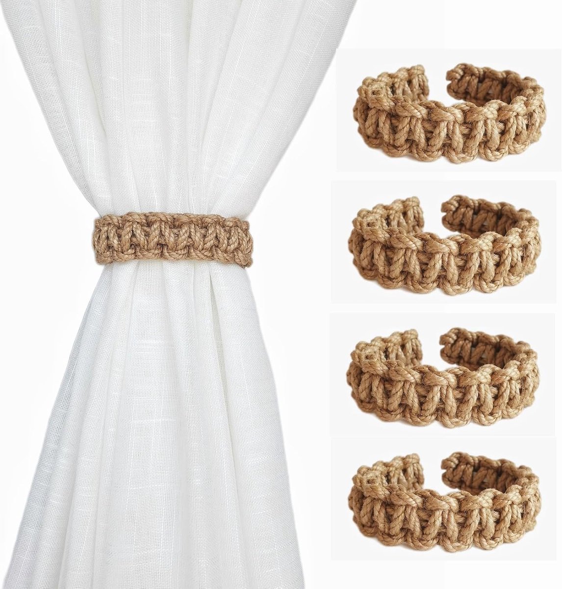 4 stuks - Gordijnhouders - gevlochten gordijnbanden - boho stijl - landelijke stijl - handgeweven jute gordijnbanden - voor binnenhuisdecoratie - voor thuis, buiten, slaapkamer, kantoor, decoratief - Bruin - 23*2 cm