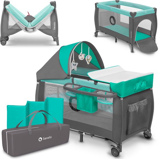 Lionelo Sven Plus 2in1 Meegroeibed & Campingbedje - 127x60 cm - Tot 15 kg - Co-Sleeper - Reisbed met Commode, Organizer, Klamboe en Interactief Speelgoed