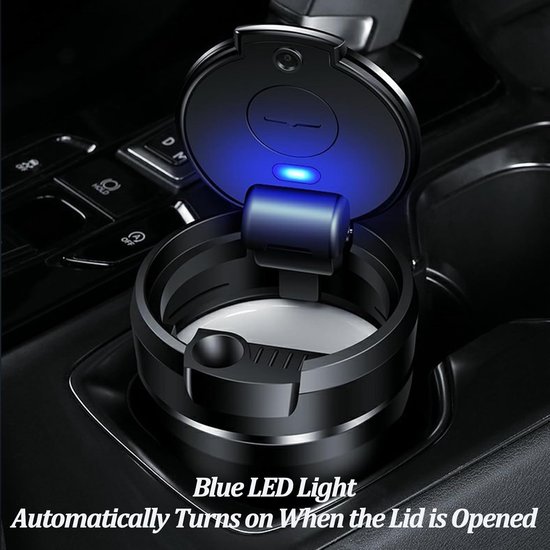 Wooauto Draagbare auto-asbak, zelfdovende auto-asbak met deksel en ledlicht, mini-auto-afvalbak, rookvrije ronde autoasbak voor auto, thuis, kantoor en reizen, zwart-grijs
