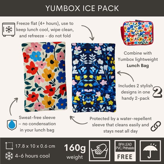 Yumbox gel koelelement Duo - 4/6 uren koud - herbruikbaar - 2 designs - Klaprozen & Blauwe bloemen van Merkloos — afbeelding 3