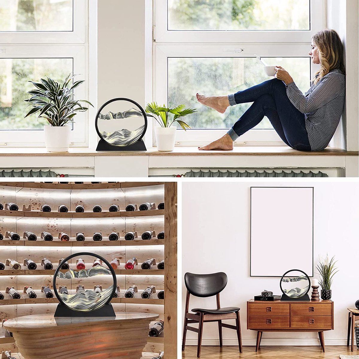 Ibenzoa® Vloeiend Zandschilderij Rond Glas 3D Diepzeezandlandschap voor Huis- en Kantoorinrichting, 360 Graden Draaibaar, 17,8 cm