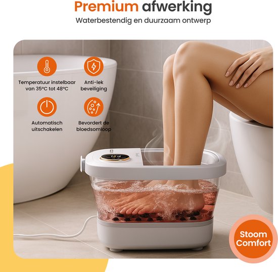 Dampende voeten in een wit voetenbad met roze water en massageknoppen, naast een badkuip. Iconen tonen temperatuur, anti-lek, automatisch uitschakelen en bloedcirculatie.