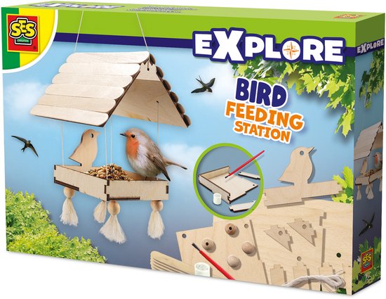 SES - Explore - Vogelvoederstation - Vogelhuis maken - je eigen houten vogelhuisje - inclusief draad en kralen - experimenteerdozen