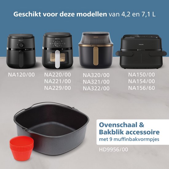 Afbeelding toont Philips Airfryer modellen NA120/00, NA220/00, NA221/00, NA229/00, NA320/00, NA321/00, NA322/00, NA150/00, NA154/00, NA156/60 en een ovenschaal & bakblik accessoire HD9956/00 met 9 muffinvormpjes.